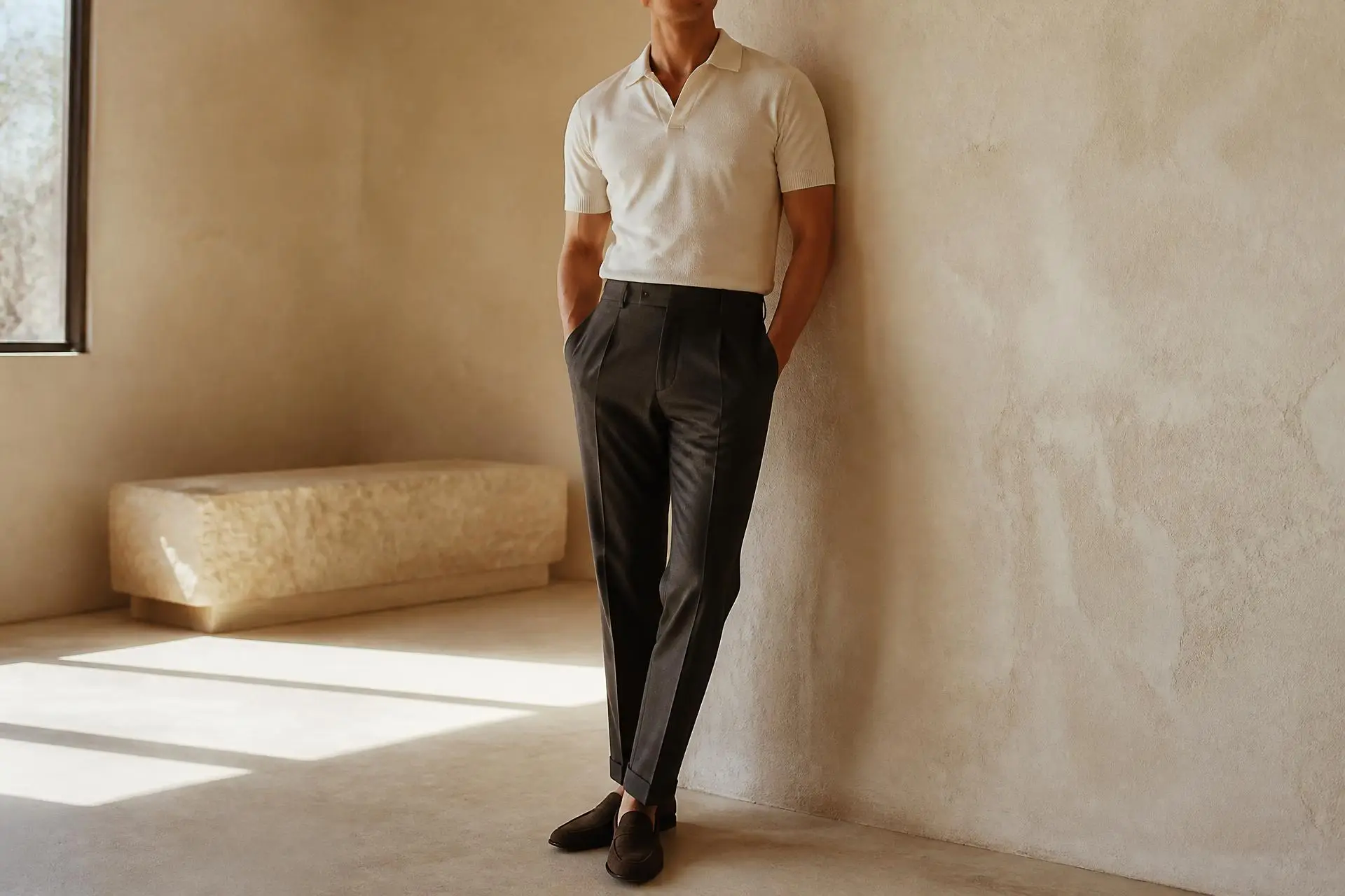 Man in charcoal tailored trousers and ivory knit polo in a sunlit ivory room